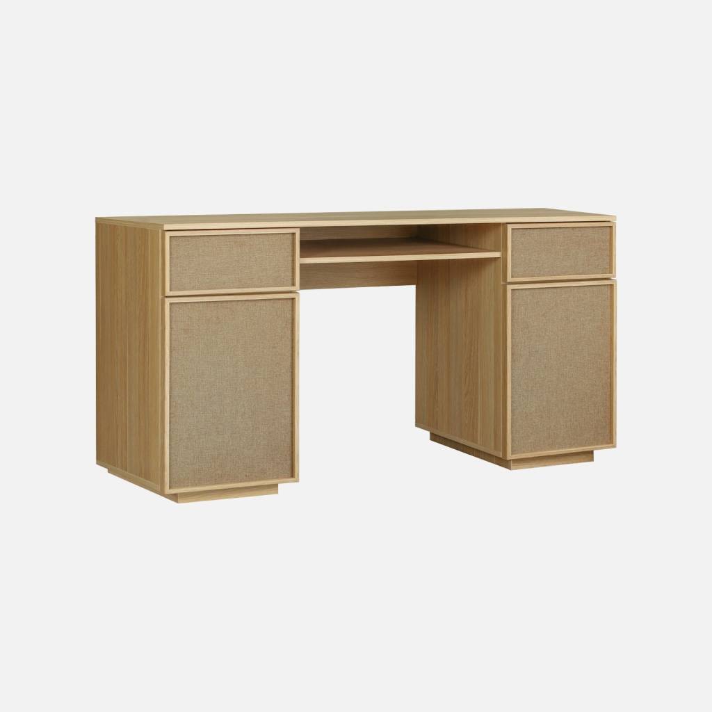 Bureau décor bois et tissu 2 portes 2 tiroirs 1 niche 140cm naturel