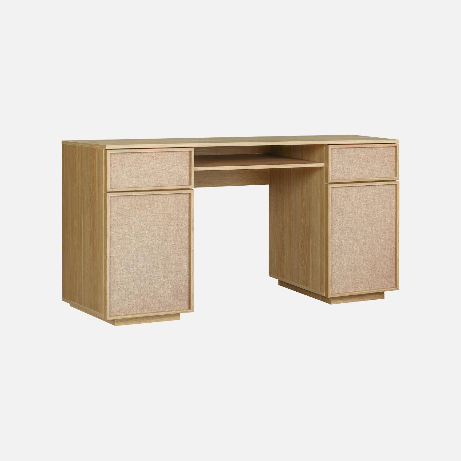 Escritorio efecto madera y tela con 2 puertas, 2 cajones y 1 nicho, 140cm, Kuba, Natural, 140x55x77 cm,sweeek,Photo1