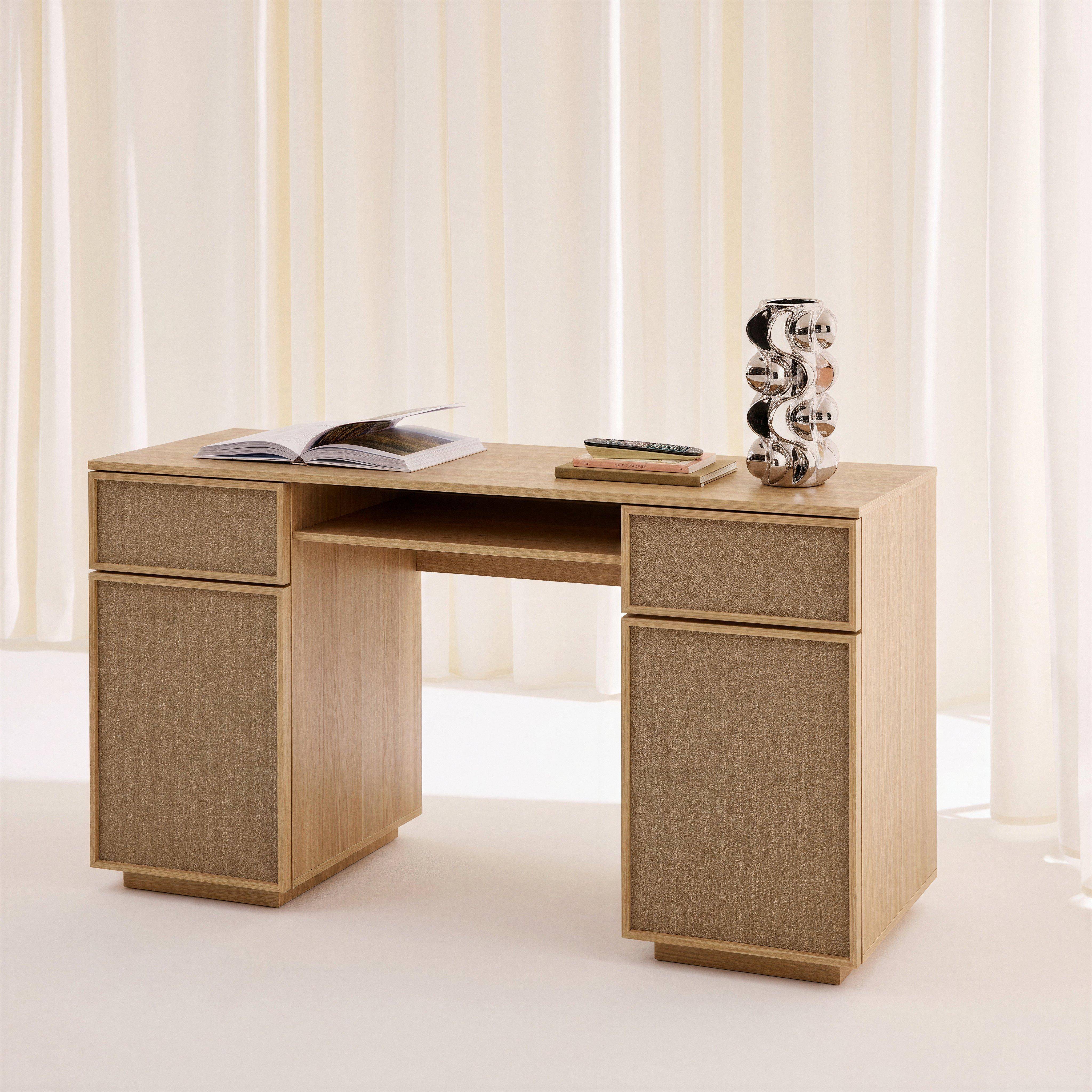 Escritorio efecto madera y tela con 2 puertas, 2 cajones y 1 nicho, 140cm, Kuba, Natural, 140x55x77 cm Photo3
