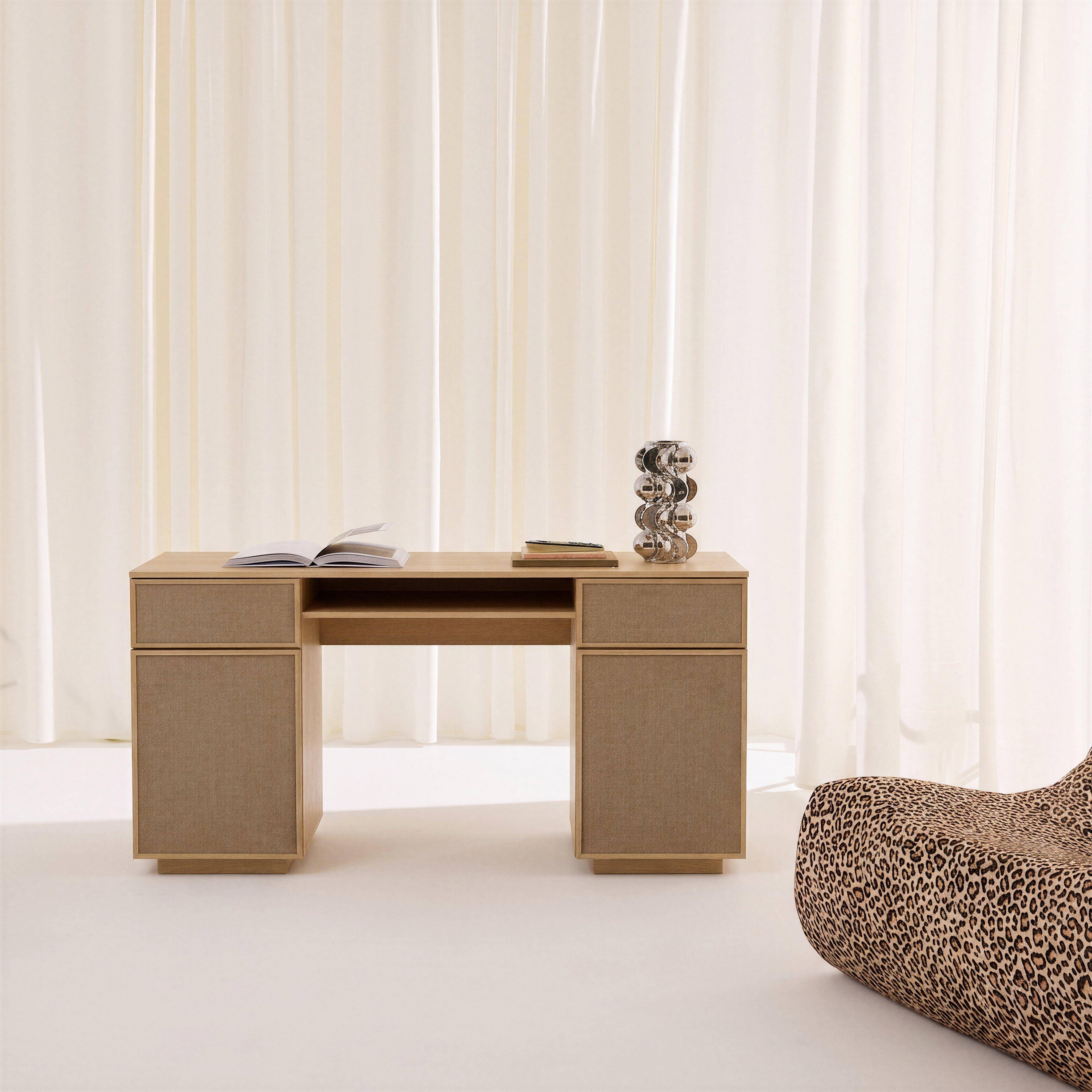 Escritorio efecto madera y tela con 2 puertas, 2 cajones y 1 nicho, 140cm, Kuba, Natural, 140x55x77 cm,sweeek,Photo1