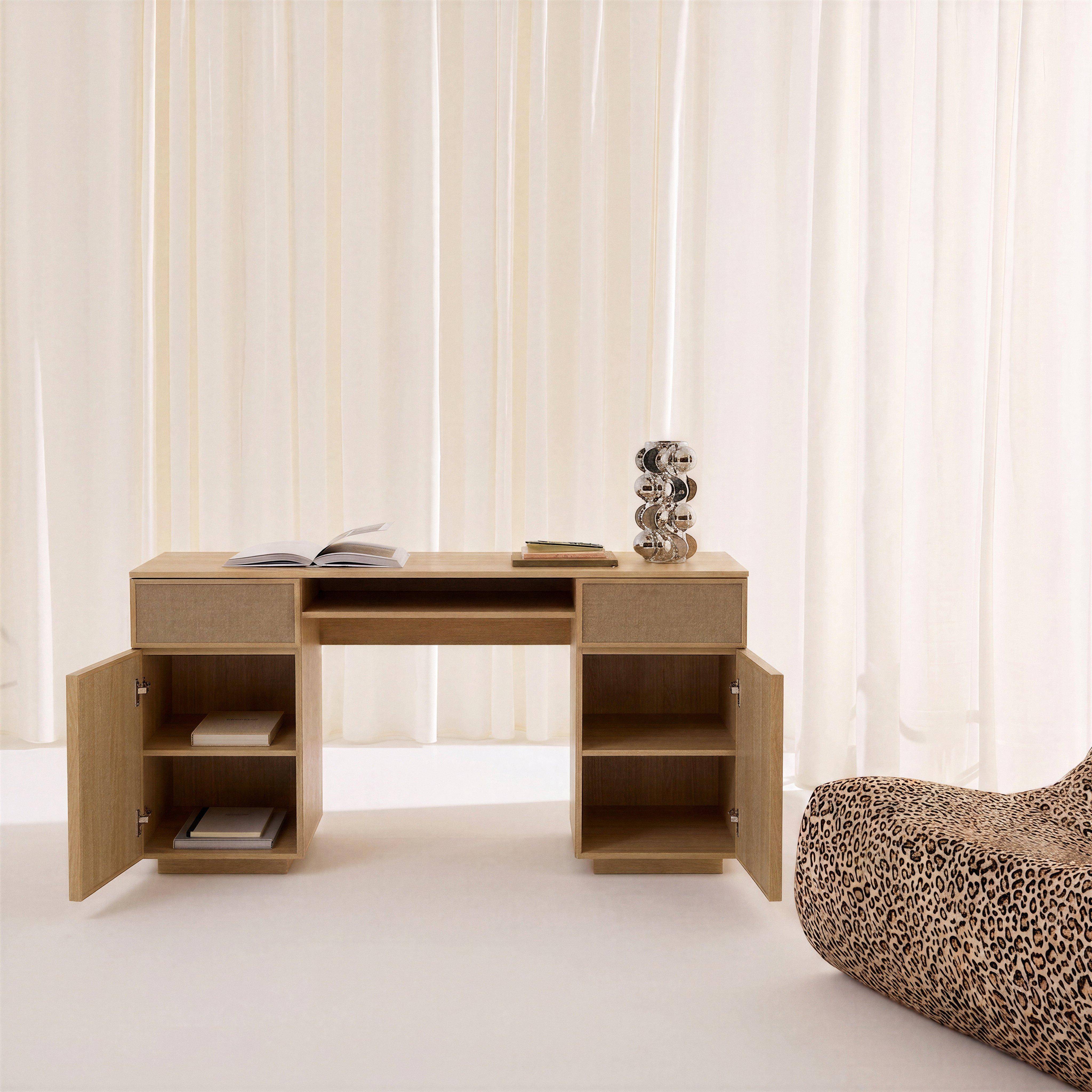 Escritorio efecto madera y tela con 2 puertas, 2 cajones y 1 nicho, 140cm, Kuba, Natural, 140x55x77 cm Photo2