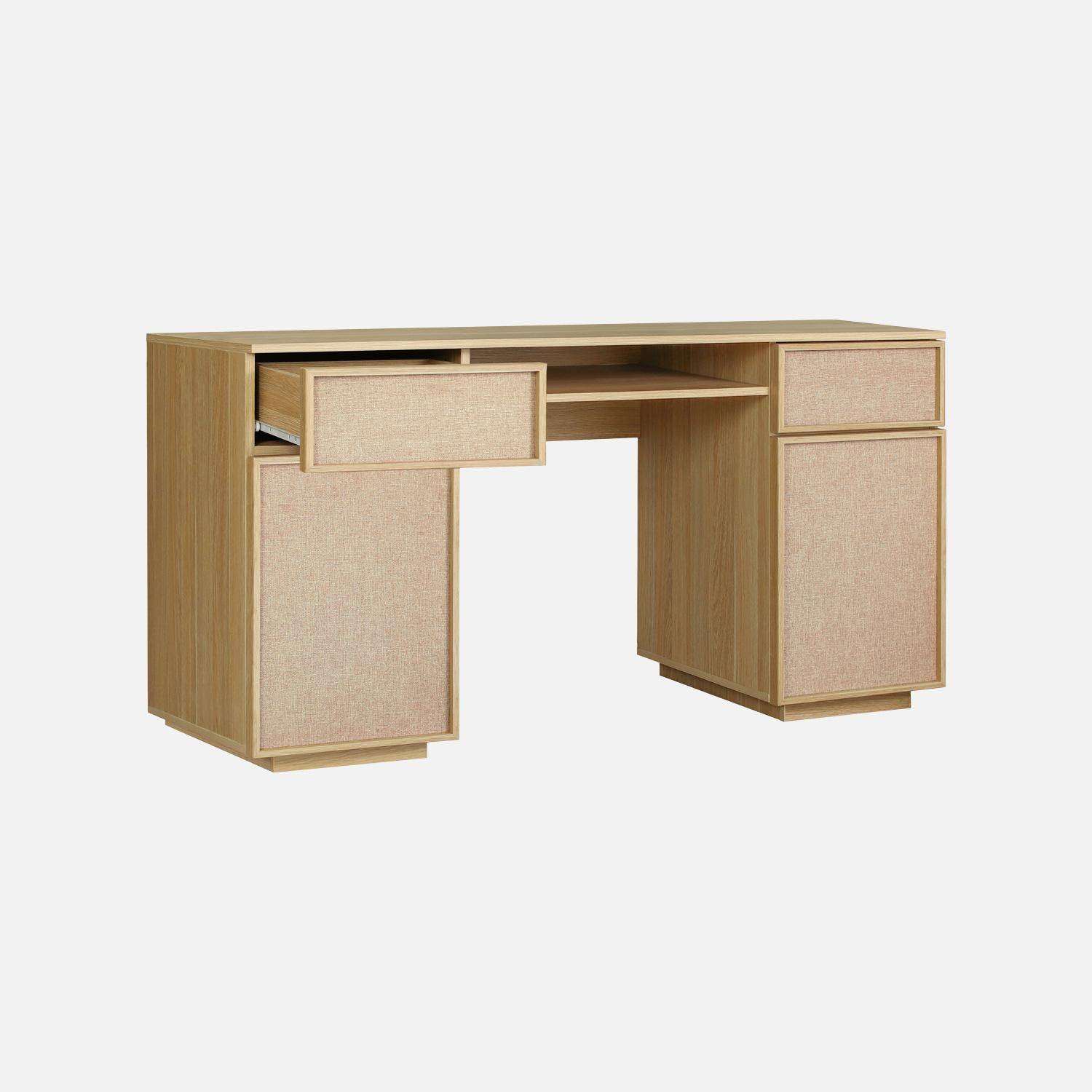 Escritorio efecto madera y tela con 2 puertas, 2 cajones y 1 nicho, 140cm, Kuba, Natural, 140x55x77 cm,sweeek,Photo3