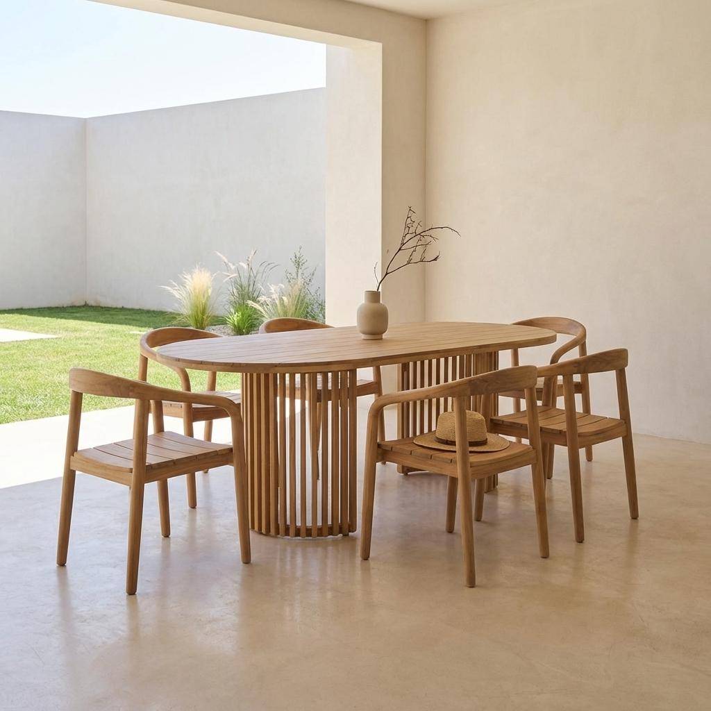 Table de jardin bois d'acacia + 6 assises naturel - Alora / Naio Photo2