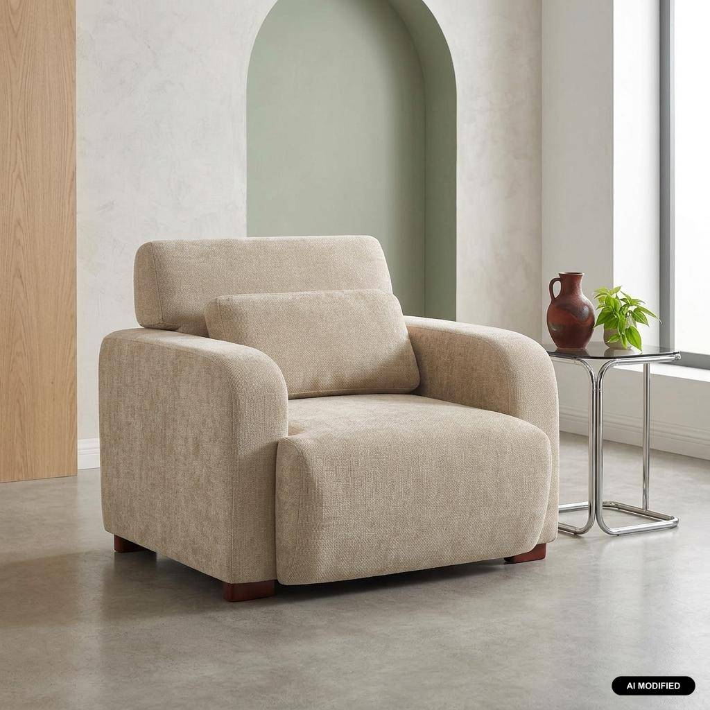 Fauteuil tissu pieds en bois d'hévéa 1 place beige - Dany Photo1