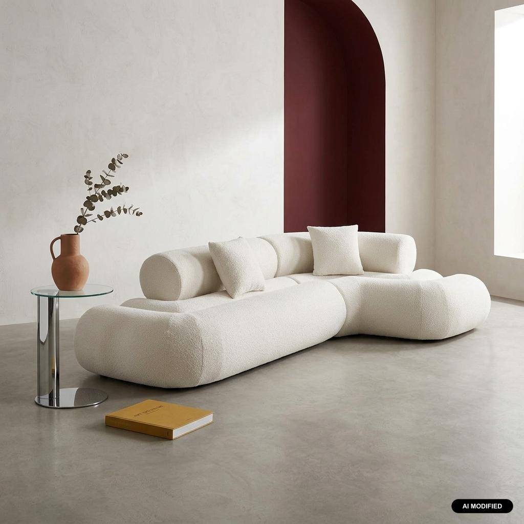 Sofá-cama orgânico em bouclé embalado a vácuo, 3 lugares, Iconik boucle, Branco, 281x154x68 cm Photo1