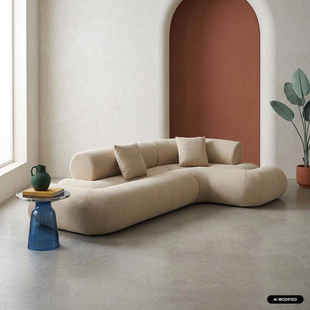 Organisches 3-Sitzer-Ecksofa mit strukturiertem Bouclé-Bezug in beige - Iconik Photo1