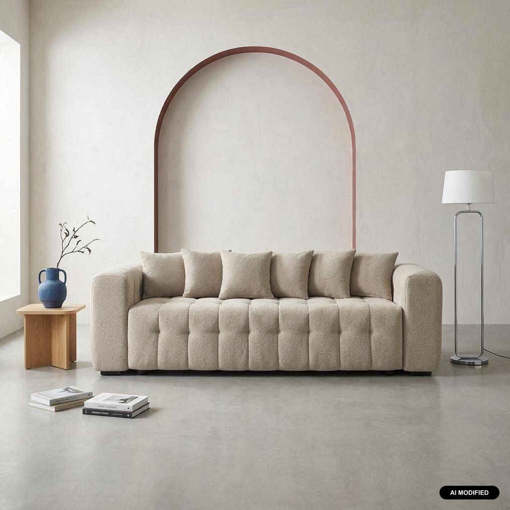 Divano letto in bouclé compresso testurizzato con contenitore, Leon, Beige, 248x100x69 cm Photo1