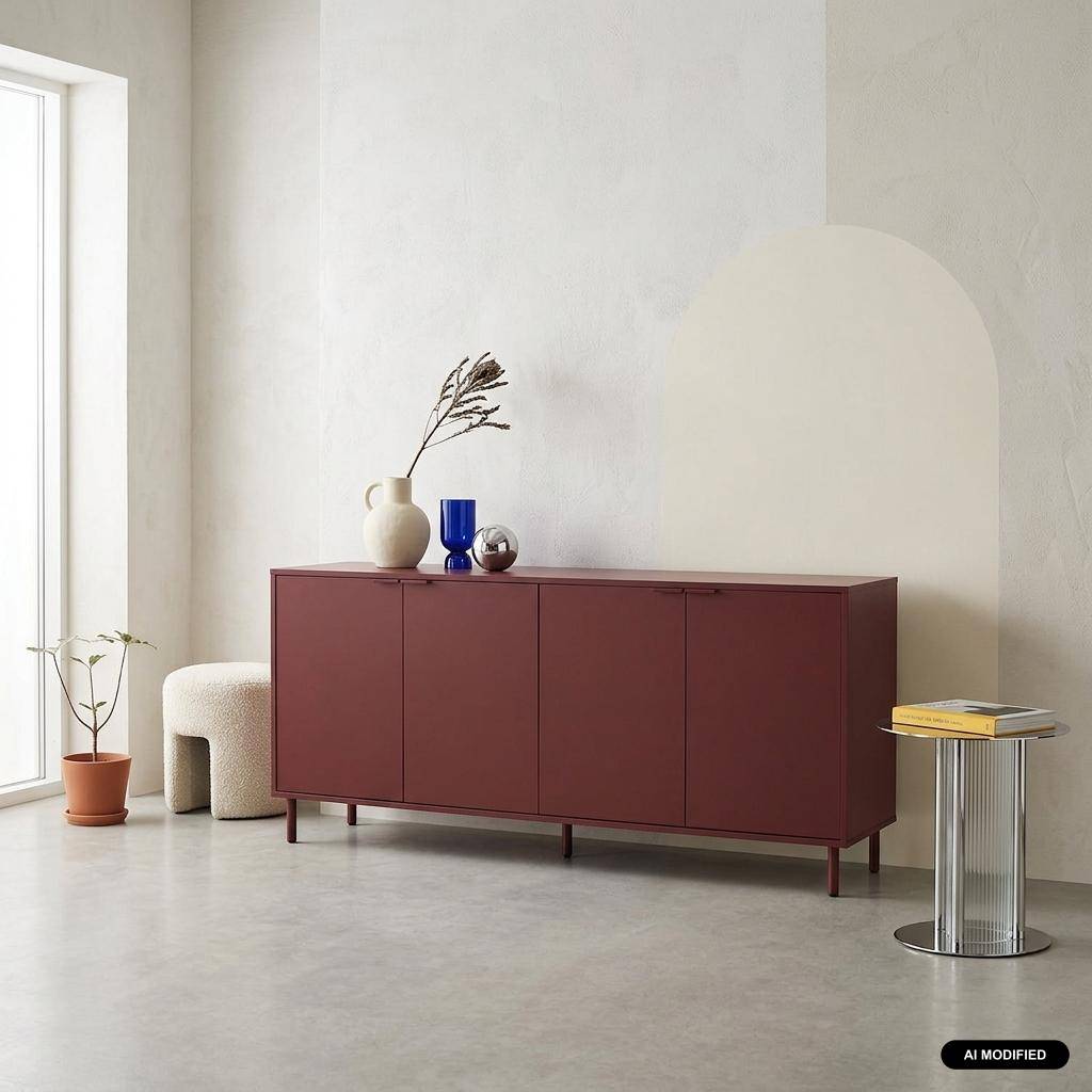 Buffet bois d'hévéa et métal 4 portes 160cm bordeaux - Ellie Photo1
