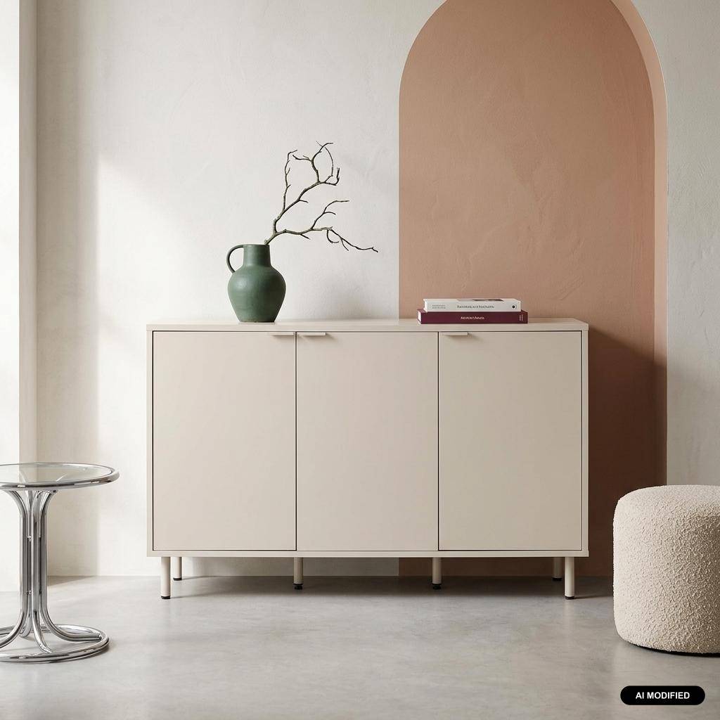 Buffet bois d'hévéa et métal 3 portes 120cm beige - Ellie Photo1