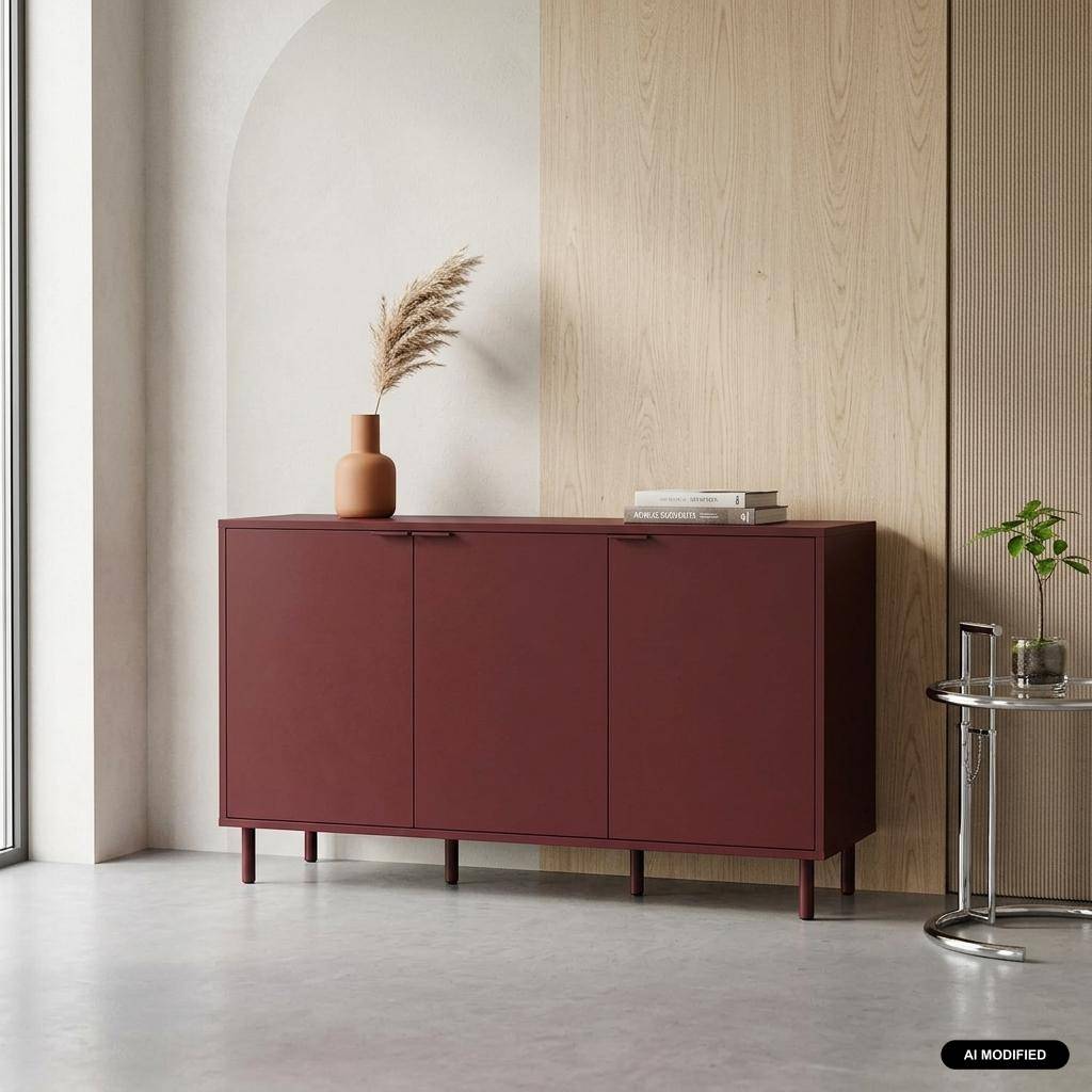 Buffet bois d'hévéa et métal 3 portes 120cm bordeaux - Ellie,sweeek,Photo1