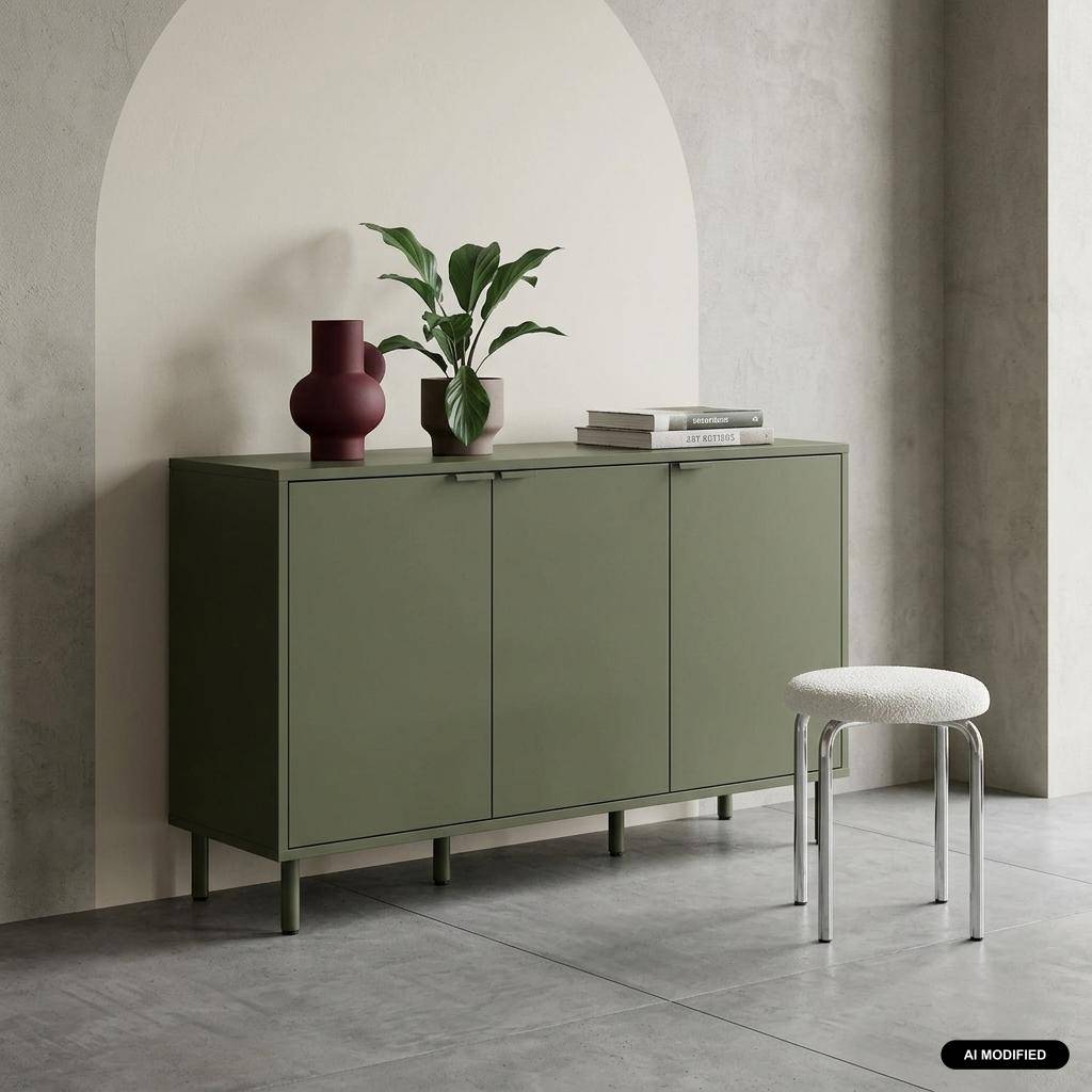 Buffet bois d'hévéa et métal 3 portes 120cm kaki - Ellie Photo1