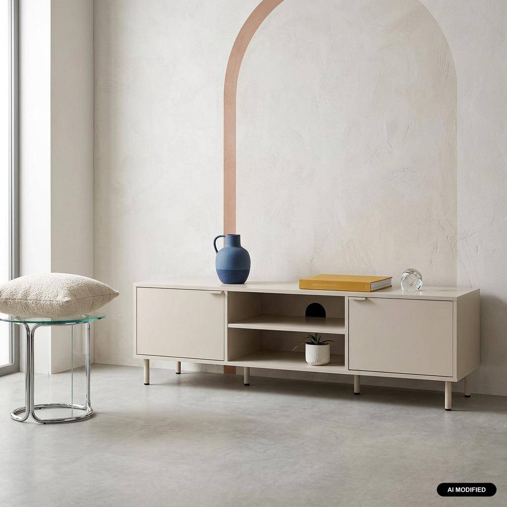 Meuble TV bois d'hévéa et métal 160cm beige - Ellie Photo1