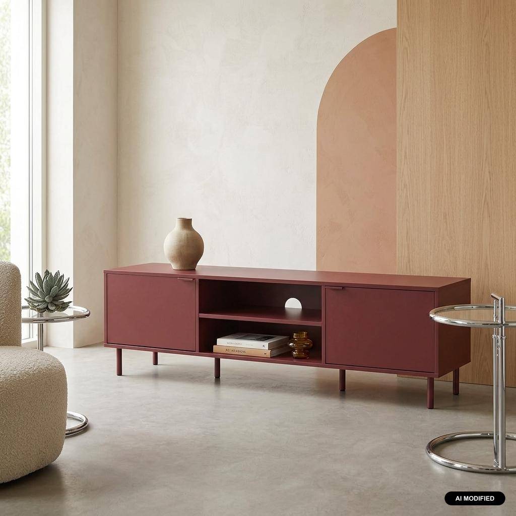 Meuble TV bois d'hévéa et métal 160cm bordeaux - Ellie Photo1