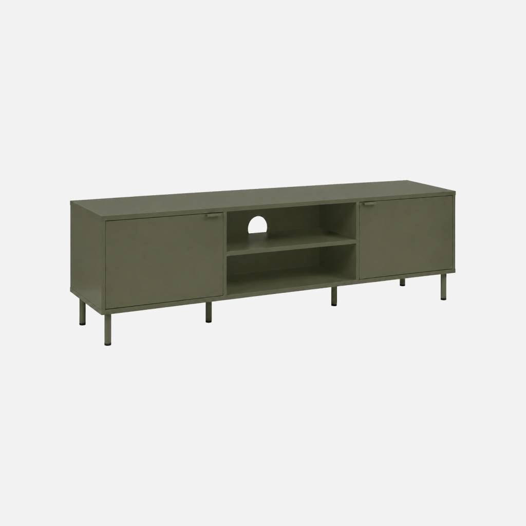 Meuble TV bois d'hévéa et métal 160cm kaki