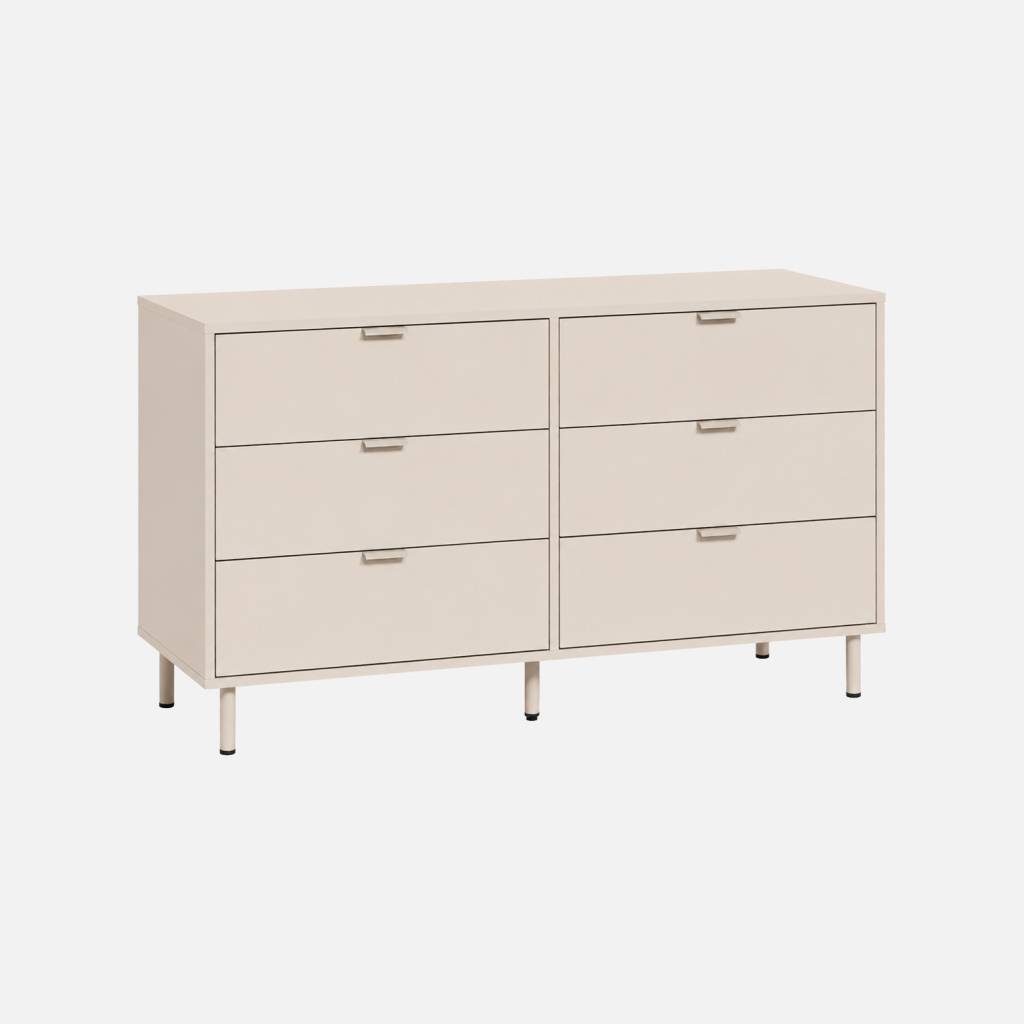 Commode bois d'hévéa et métal 6 tiroirs beige