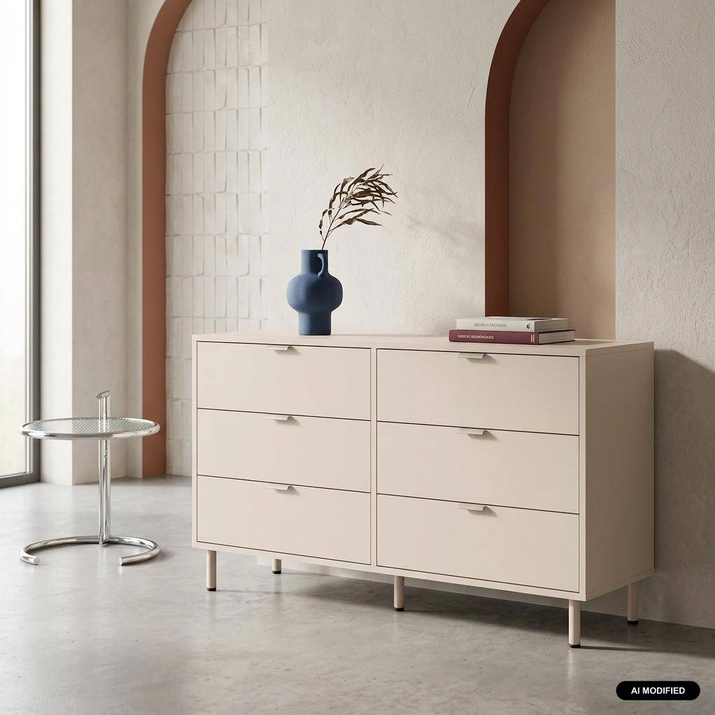 Commode bois d'hévéa et métal 6 tiroirs beige - Ellie Photo1