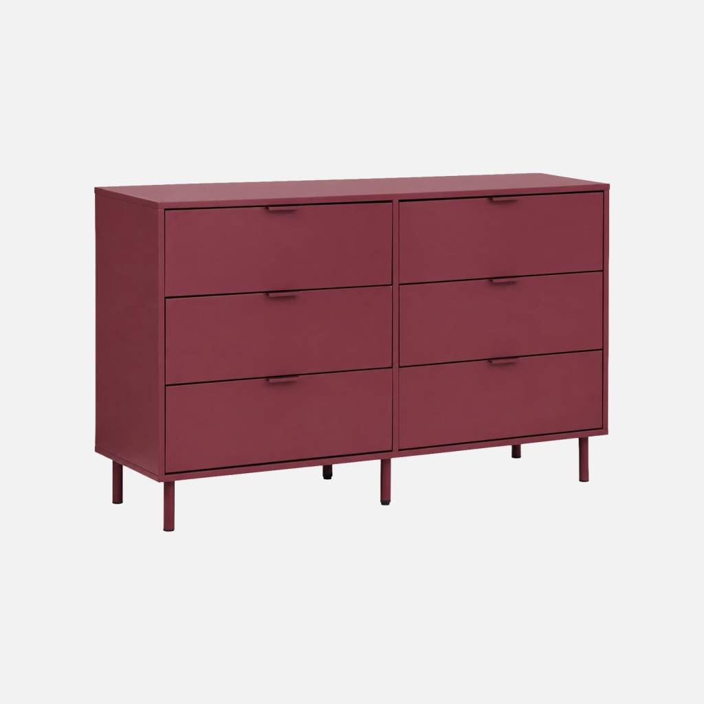 Commode bois d'hévéa et métal 6 tiroirs bordeaux