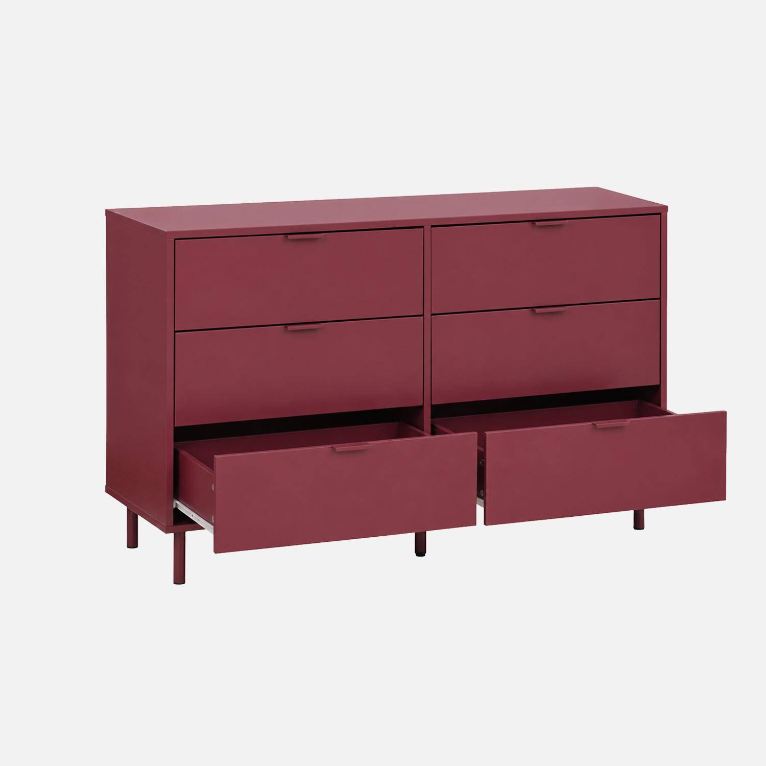 Commode bois d'hévéa et métal 6 tiroirs bordeaux - Ellie Photo3
