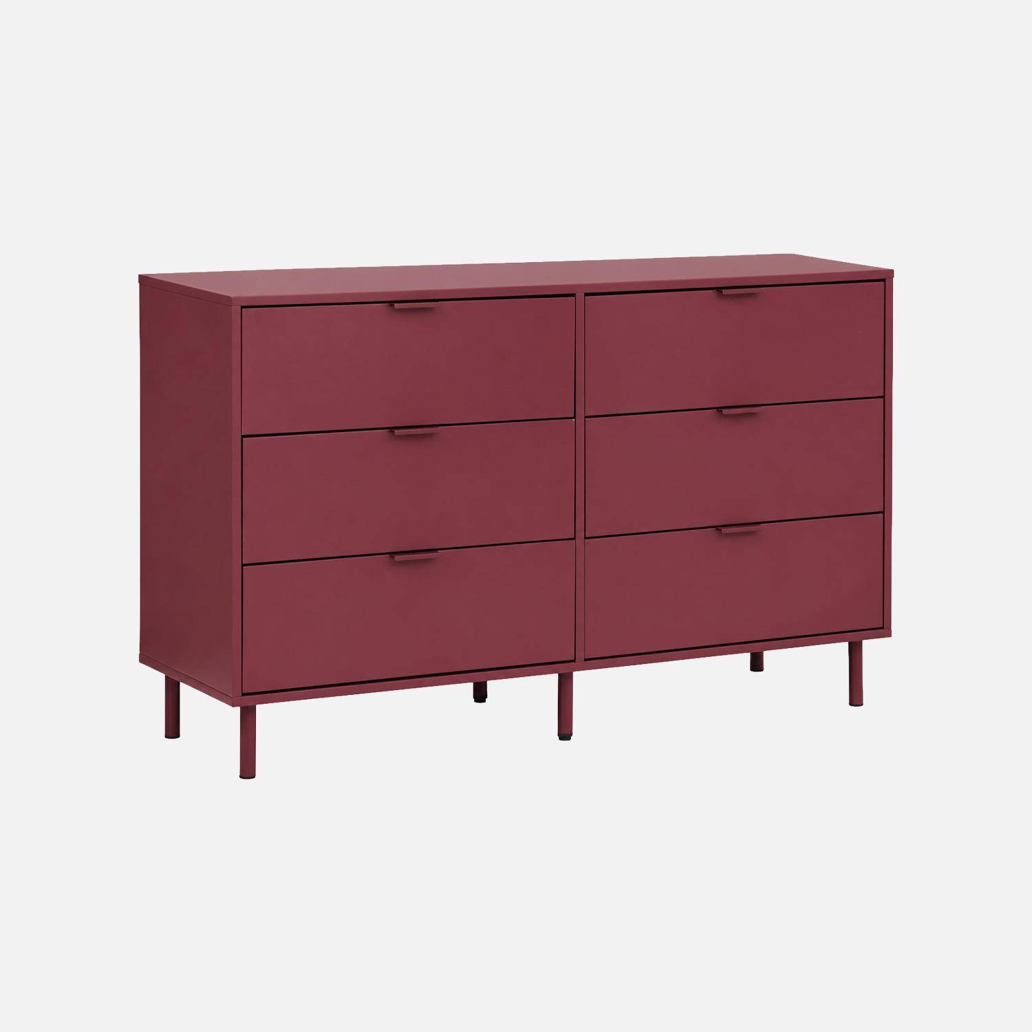 Commode bois d'hévéa et métal 6 tiroirs bordeaux - Ellie Photo2