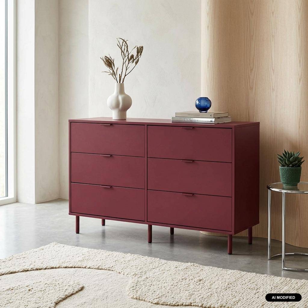 Commode bois d'hévéa et métal 6 tiroirs bordeaux - Ellie Photo1