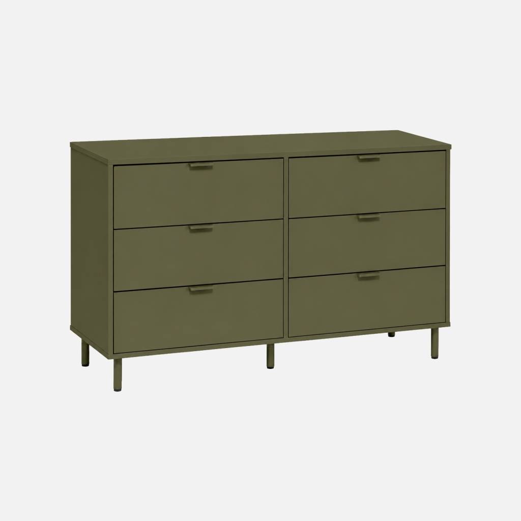 Commode bois d'hévéa et métal 6 tiroirs kaki