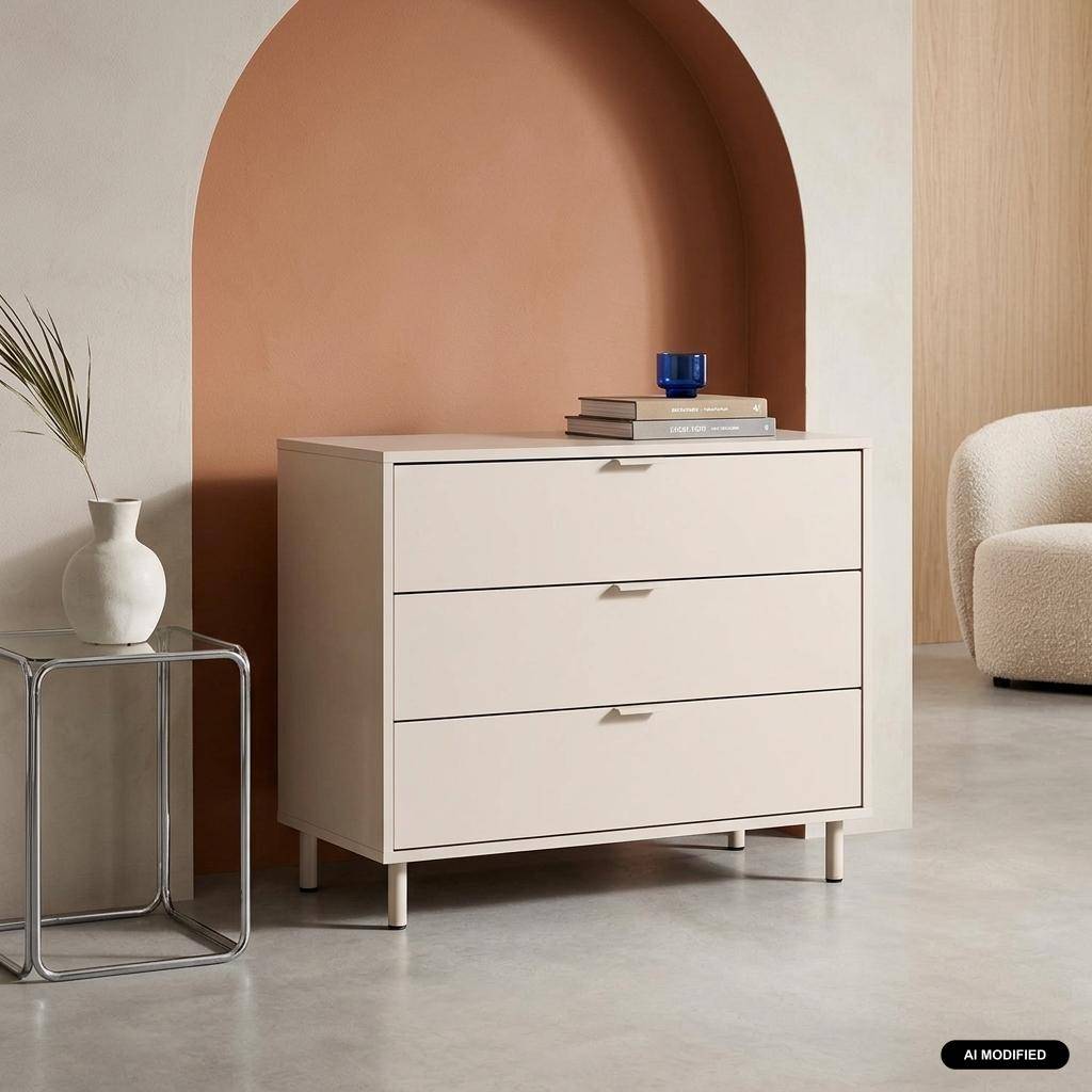 Commode bois d'hévéa et métal 3 tiroirs beige - Ellie Photo1