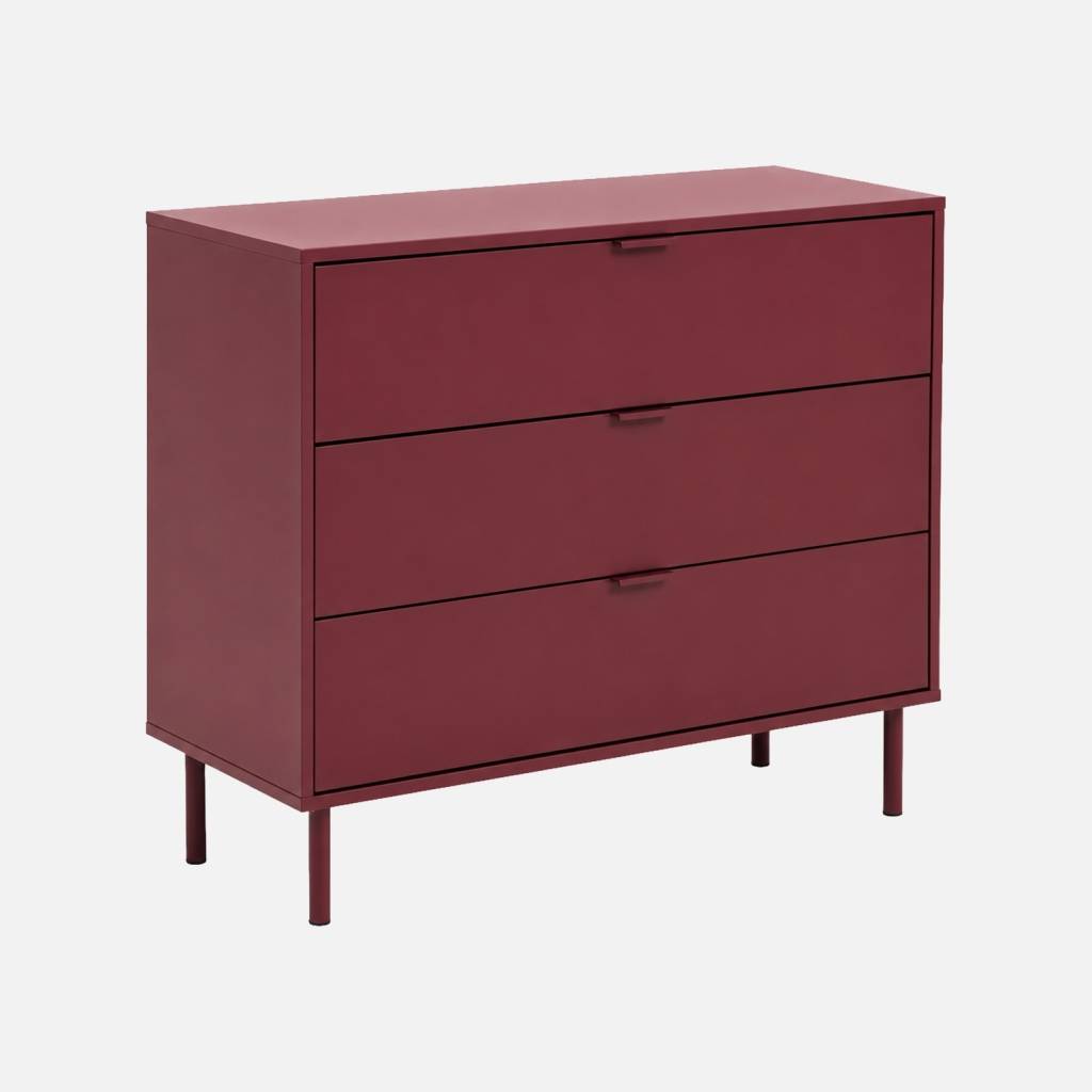 Commode bois d'hévéa et métal 3 tiroirs bordeaux