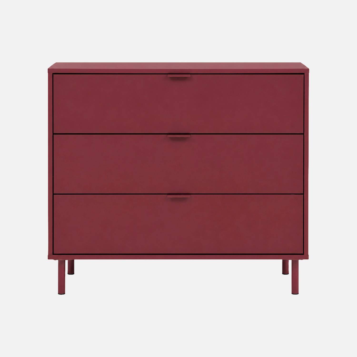 Commode bois d'hévéa et métal 3 tiroirs bordeaux - Ellie,sweeek,Photo3