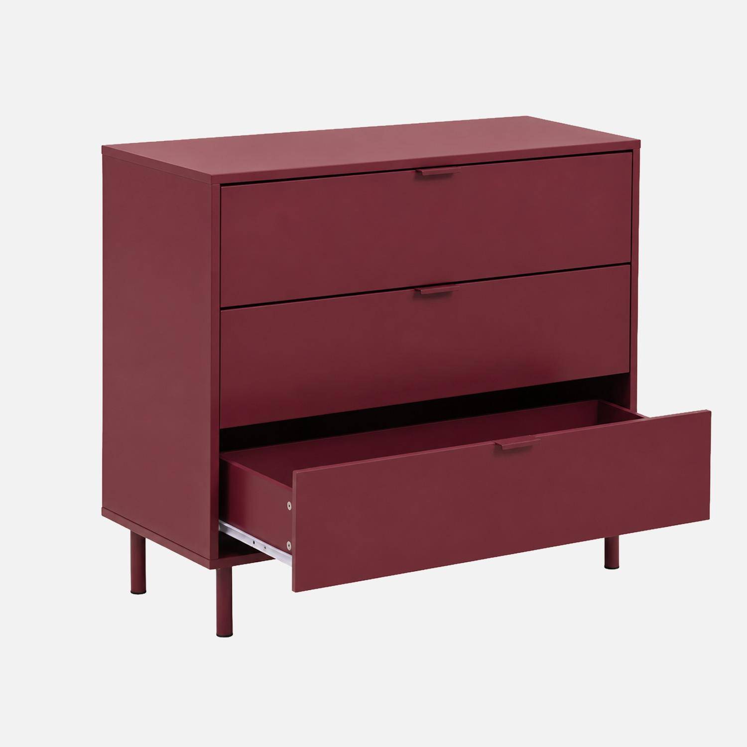 Commode bois d'hévéa et métal 3 tiroirs bordeaux - Ellie Photo4