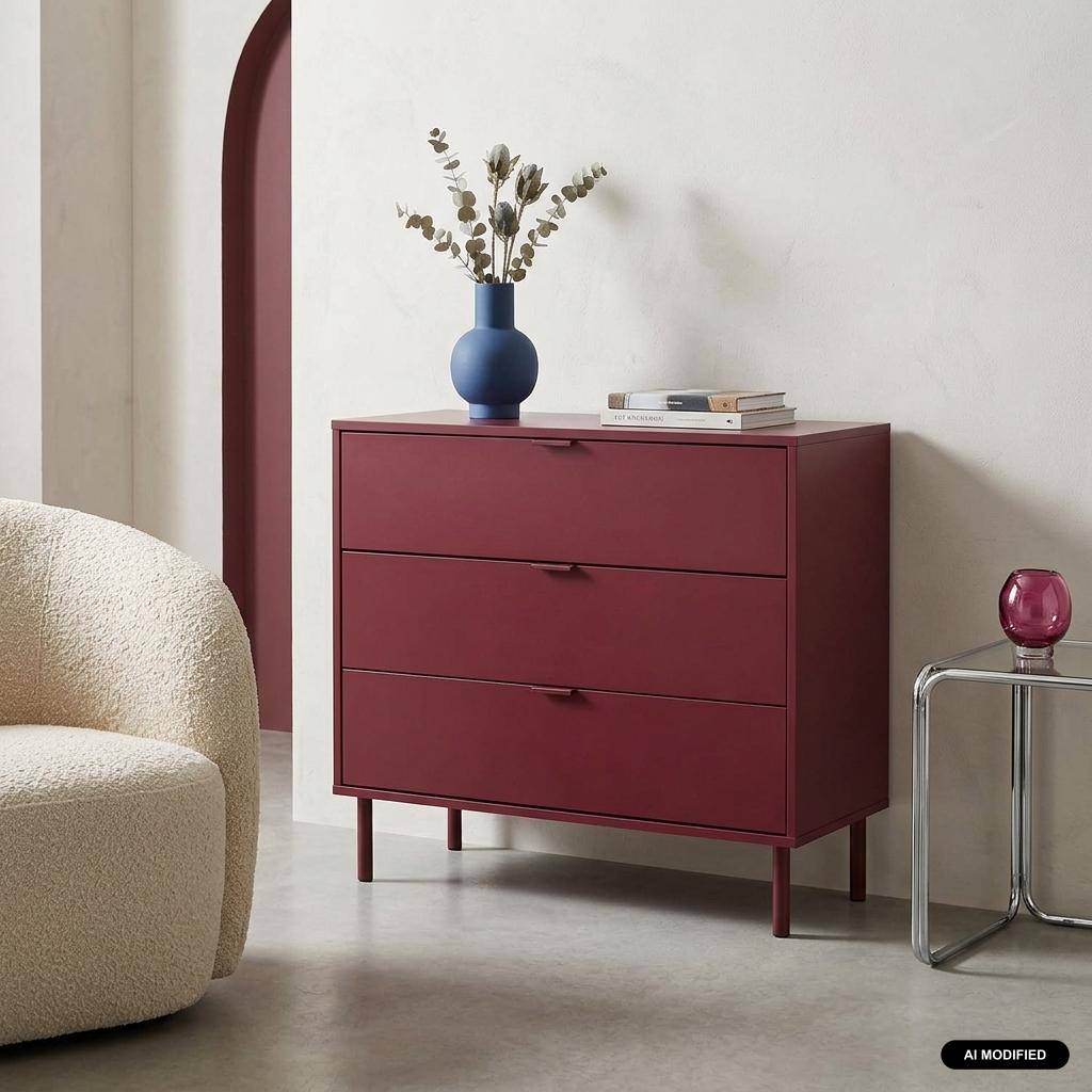 Commode bois d'hévéa et métal 3 tiroirs bordeaux - Ellie,sweeek,Photo1