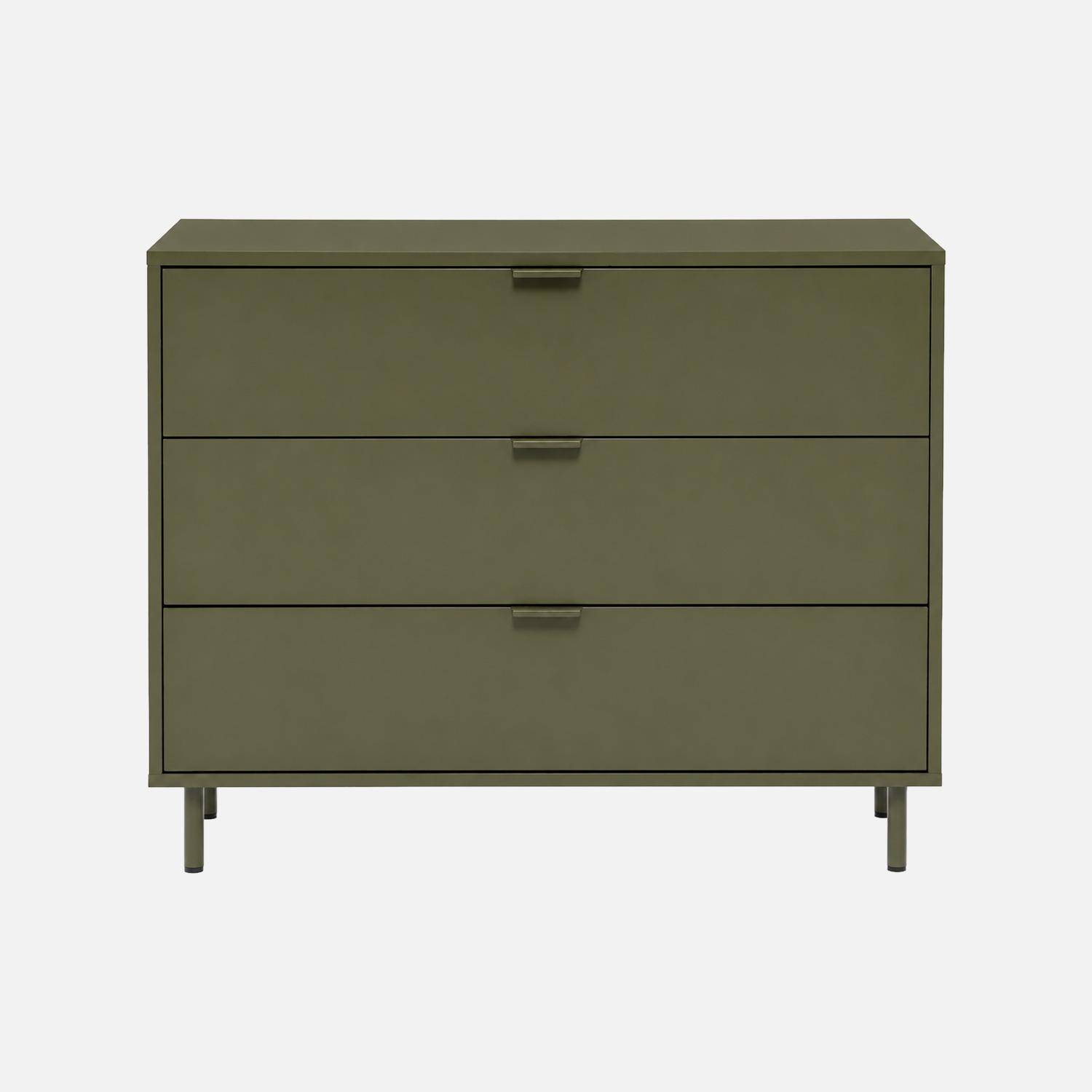 Commode bois d'hévéa et métal 3 tiroirs kaki - Ellie,sweeek,Photo3