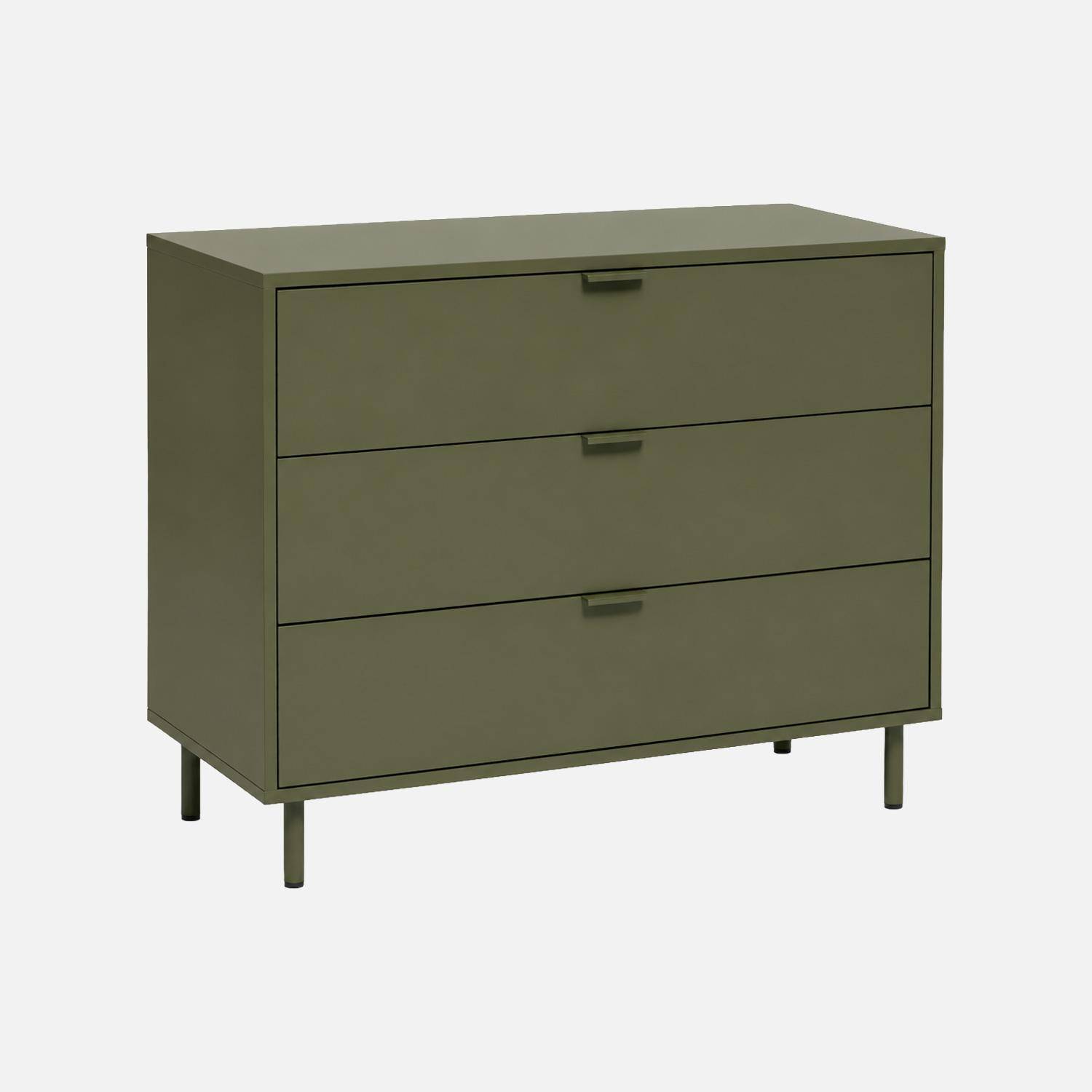 Commode bois d'hévéa et métal 3 tiroirs kaki - Ellie Photo2
