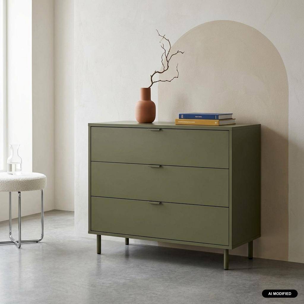 Commode bois d'hévéa et métal 3 tiroirs kaki - Ellie,sweeek,Photo1