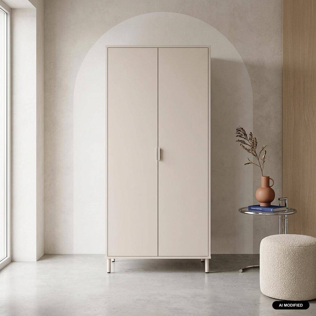 Dressing bois d'hévéa et métal 2 étagères 1 penderie beige - Ellie,sweeek,Photo1