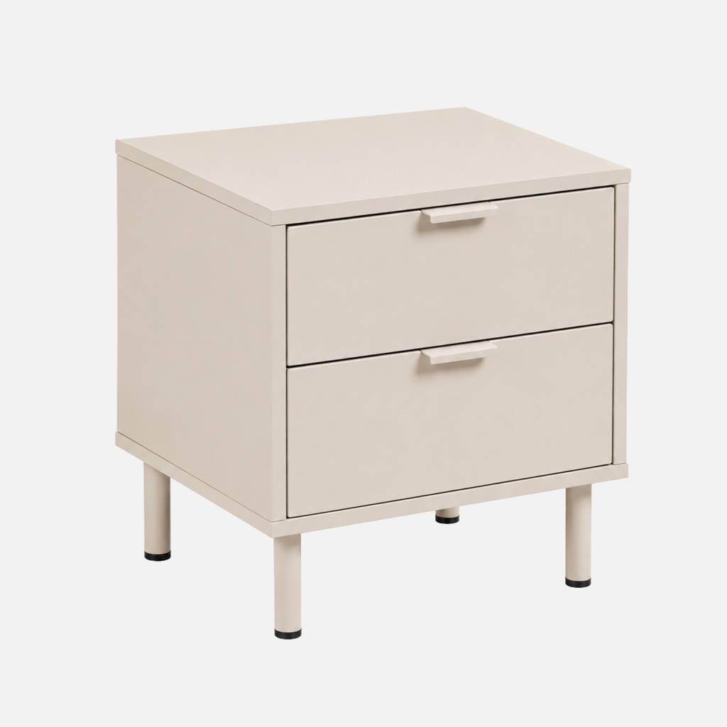 Table de chevet bois d'hévéa et métal 2 tiroirs beige