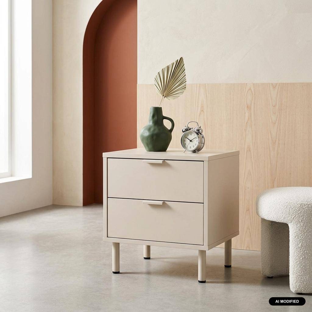 Table de chevet bois d'hévéa et métal 2 tiroirs beige - Ellie Photo1
