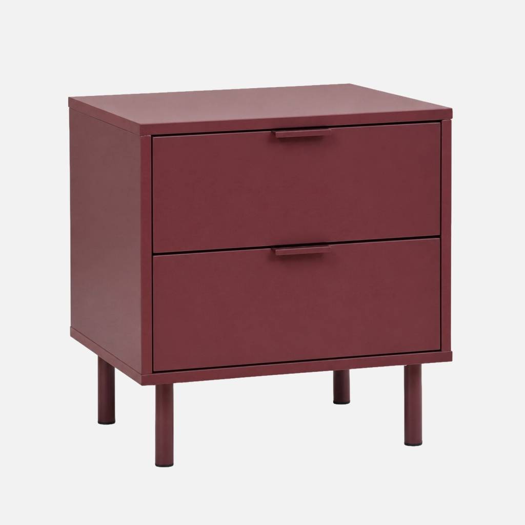 Table de chevet bois d'hévéa et métal 2 tiroirs bordeaux