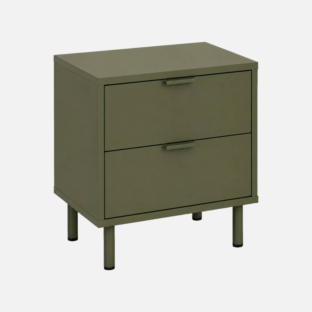 Table de chevet bois d'hévéa et métal 2 tiroirs kaki