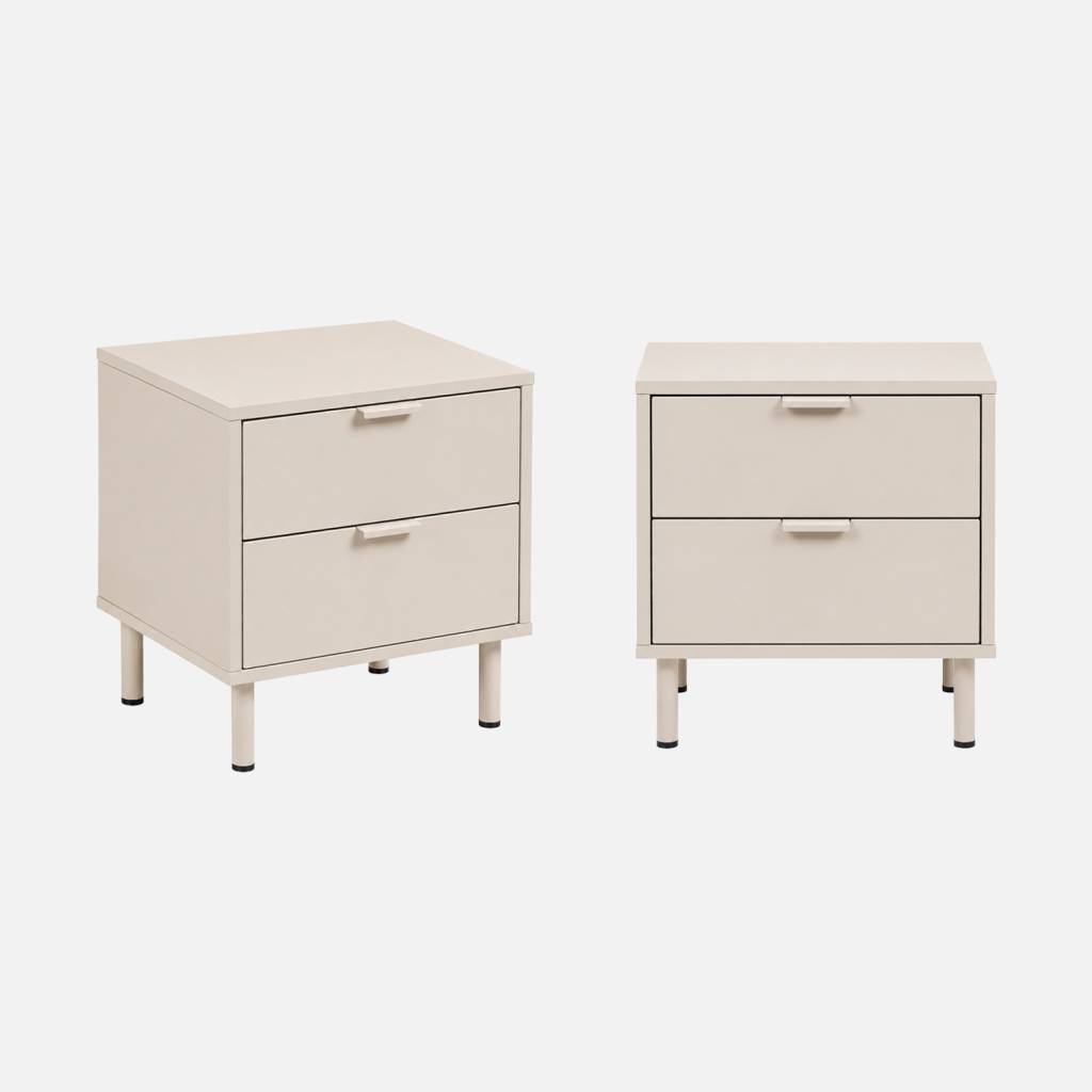 2 tables de chevet bois d'hévéa et métal 2 tiroirs beige