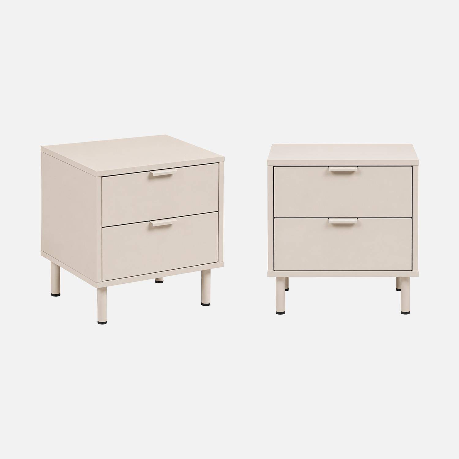 Lot de 2 tables de chevet bois d'hévéa et métal 2 tiroirs beige - Ellie Photo2