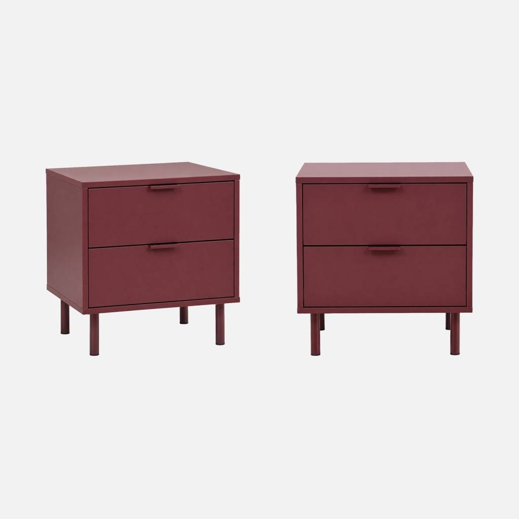 2 tables de chevet bois d'hévéa et métal 2 tiroirs bordeaux