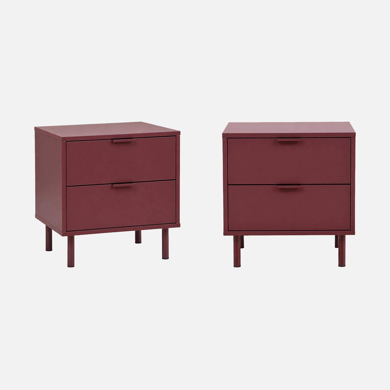 Lot de 2 tables de chevet bois d'hévéa et métal 2 tiroirs bordeaux - Ellie,sweeek,Photo2