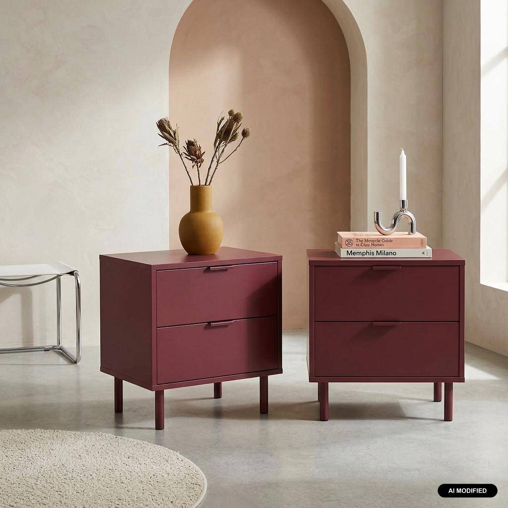 Lot de 2 tables de chevet bois d'hévéa et métal 2 tiroirs bordeaux - Ellie Photo1