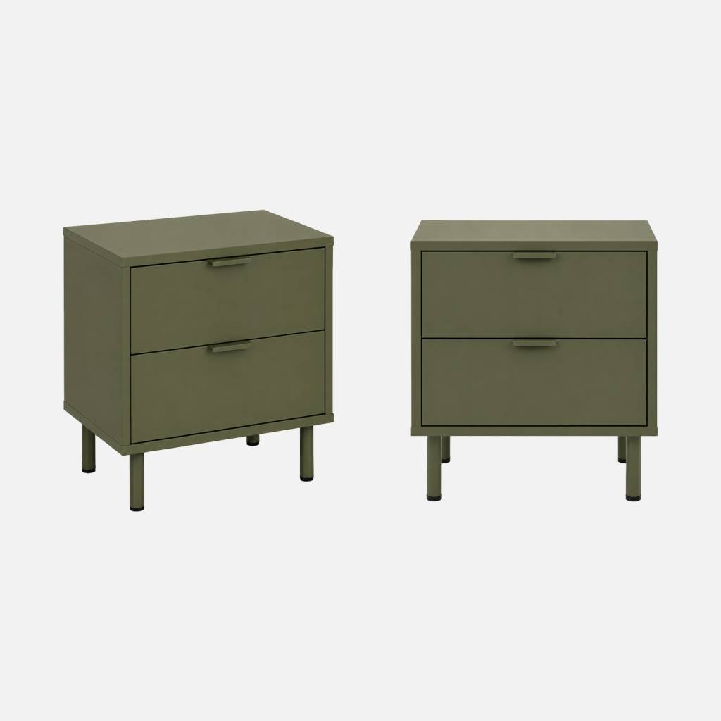 2 tables de chevet bois d'hévéa et métal 2 tiroirs kaki