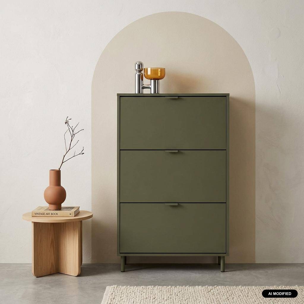 Meuble à chaussures bois d'hévéa et métal 3 abattants kaki - Ellie,sweeek,Photo1