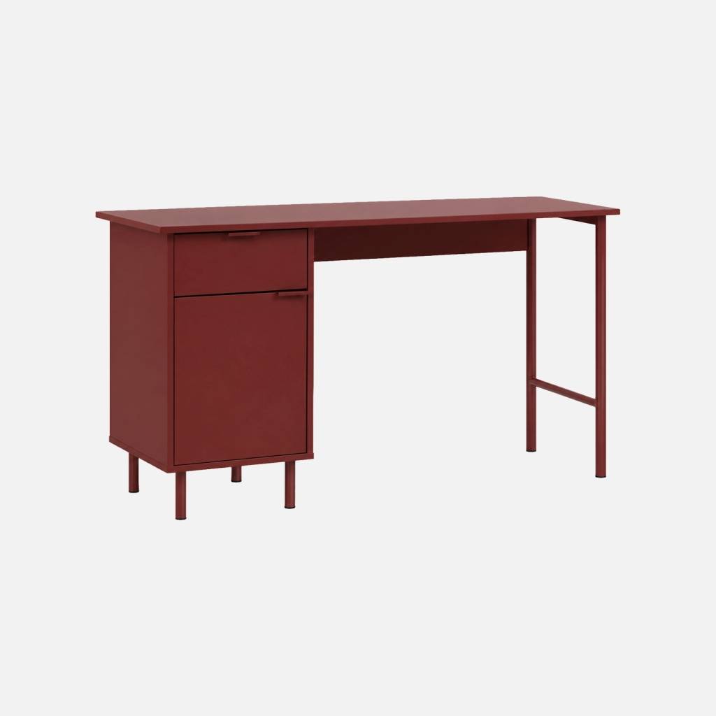 Bureau bois d'hévéa et métal 1 tiroir 1 porte bordeaux