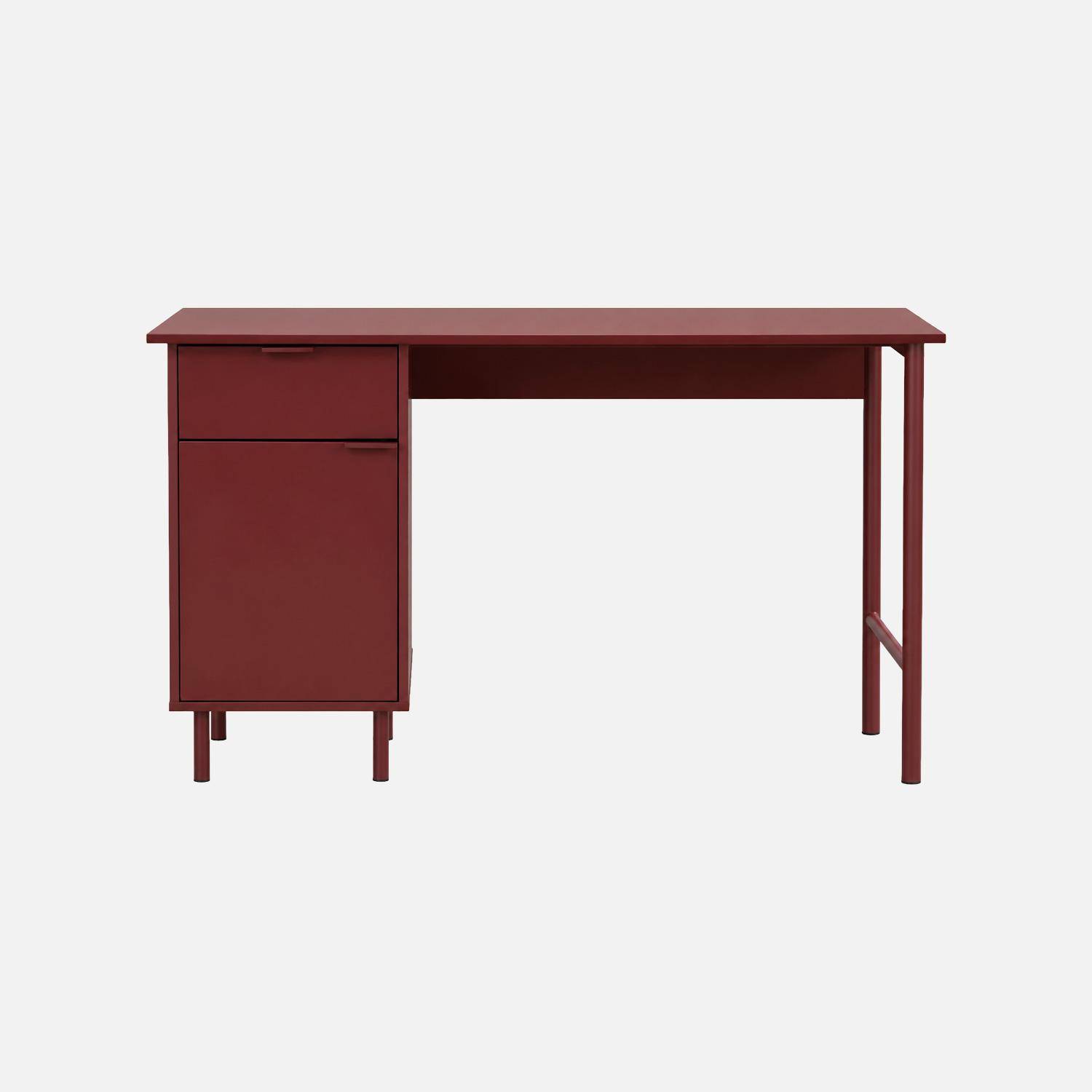 Bureau bois d'hévéa et métal 1 tiroir 1 porte bordeaux - Ellie Photo3
