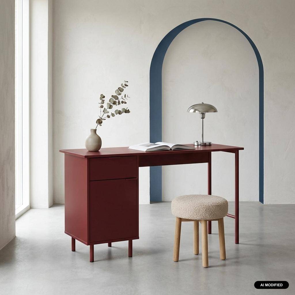Bureau bois d'hévéa et métal 1 tiroir 1 porte bordeaux - Ellie Photo1