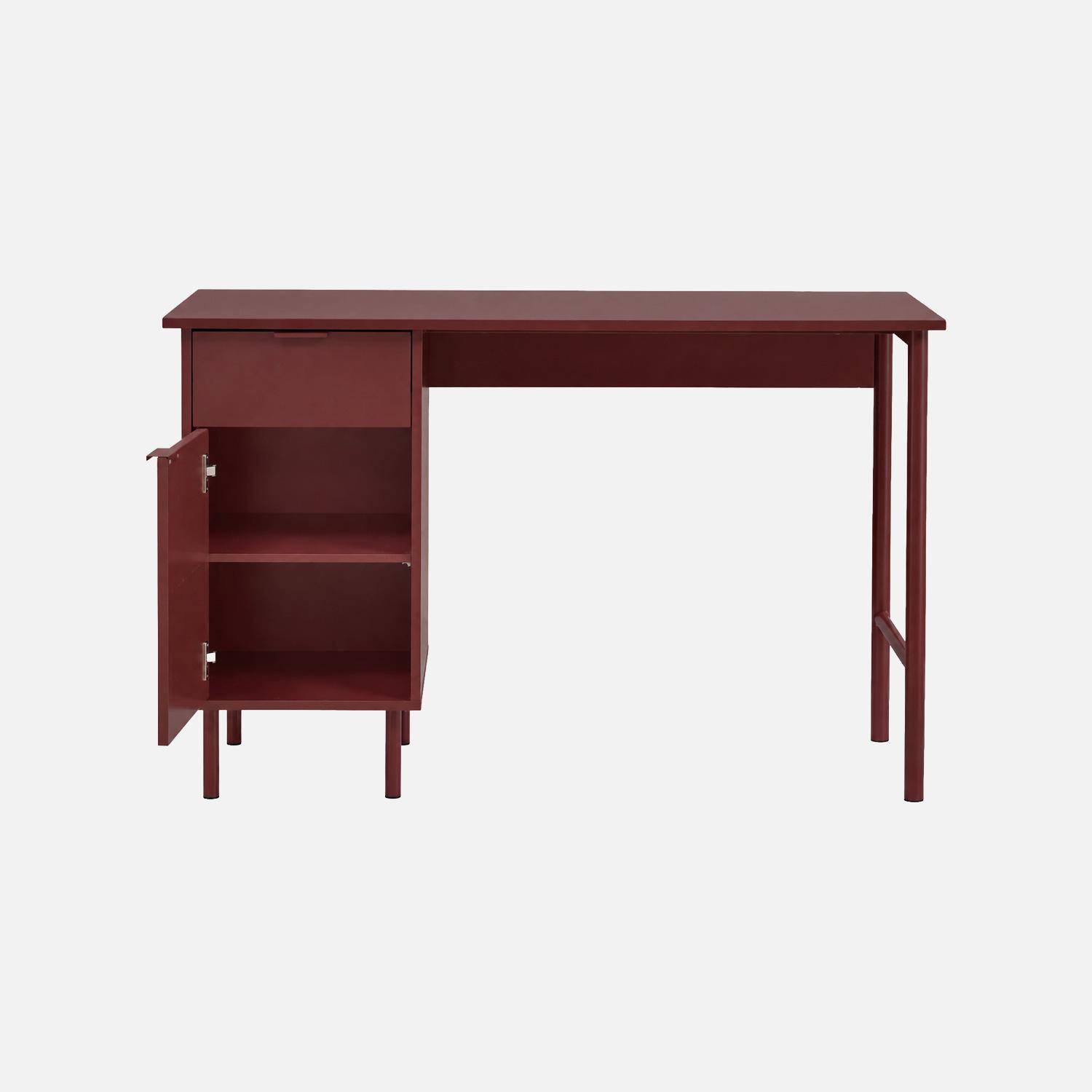 Bureau bois d'hévéa et métal 1 tiroir 1 porte bordeaux - Ellie Photo4