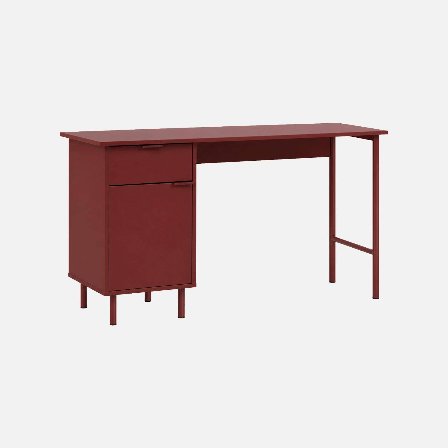 Bureau bois d'hévéa et métal 1 tiroir 1 porte bordeaux - Ellie Photo2